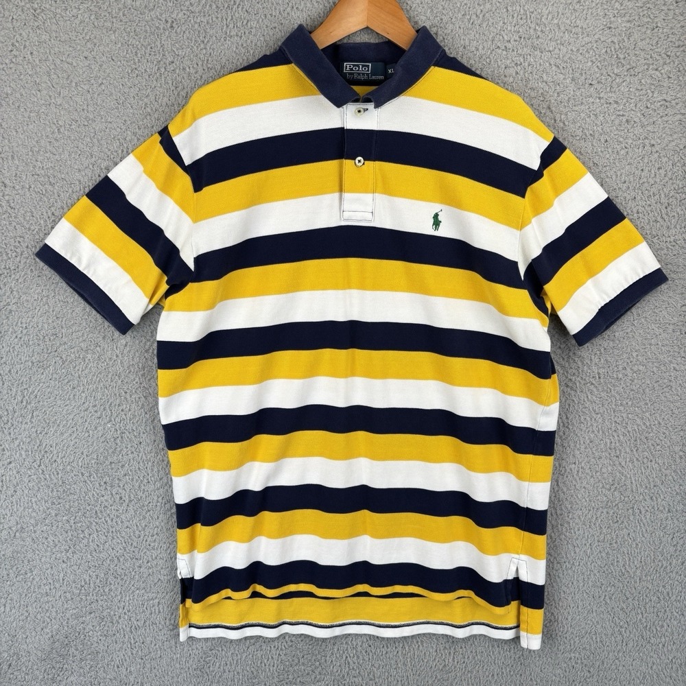 Polo Ralph Lauren Classic Striped Polo Shirt Mens XL Navy Yellow Green Pony Y2K